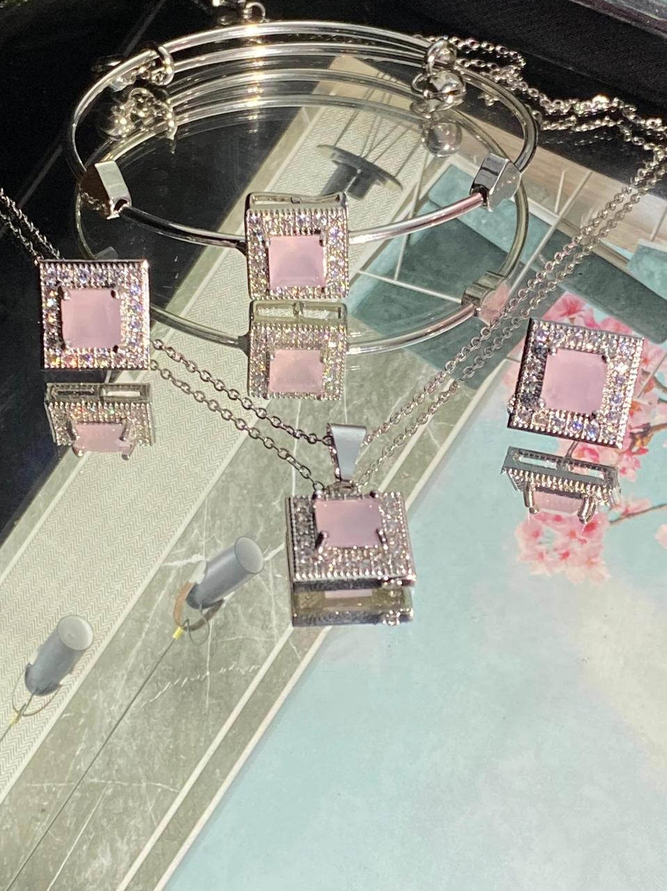 Silver Square-Cut Pink Stones Locket Set