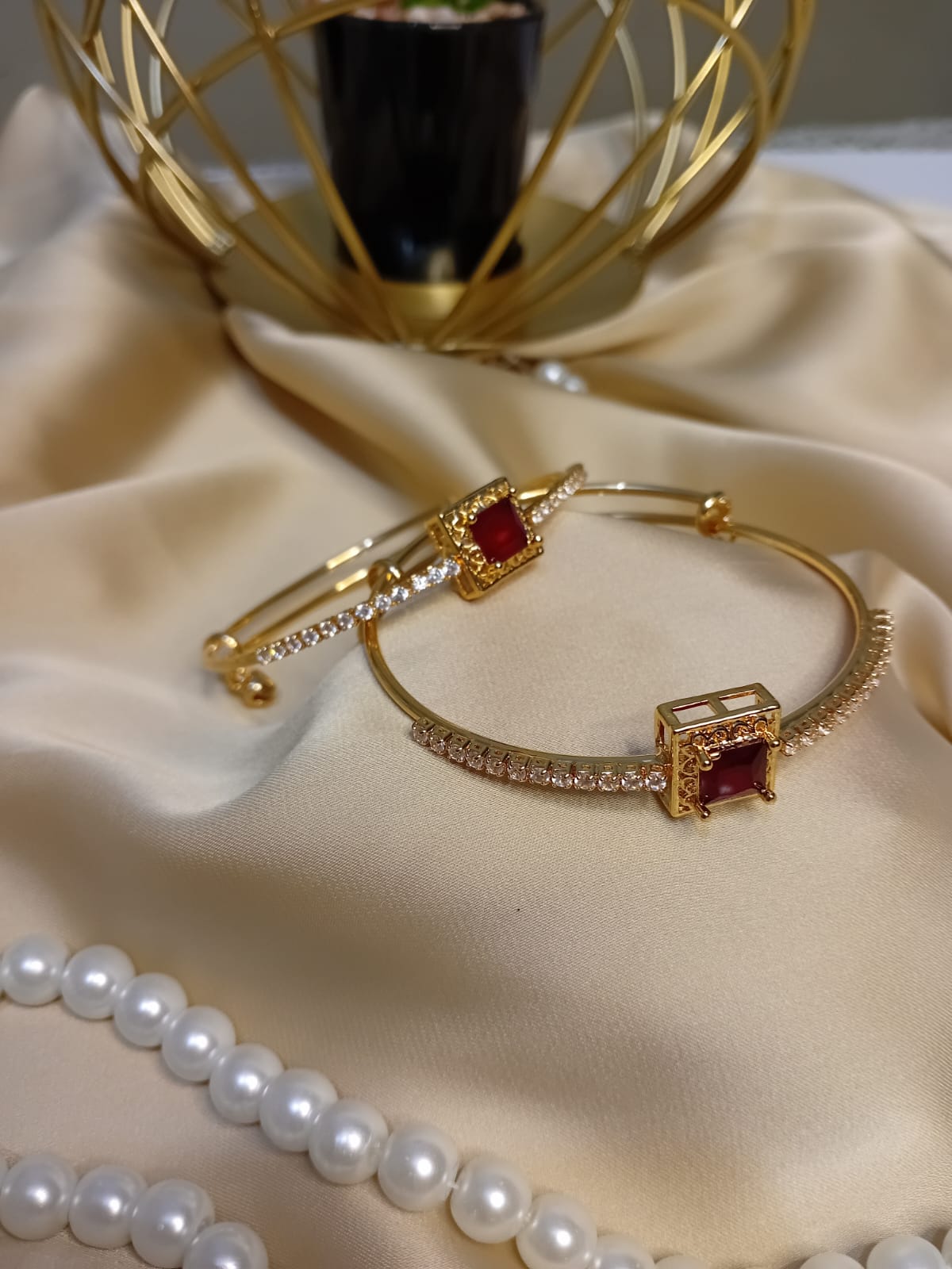 Adjustable Red Stone Bangle Pair