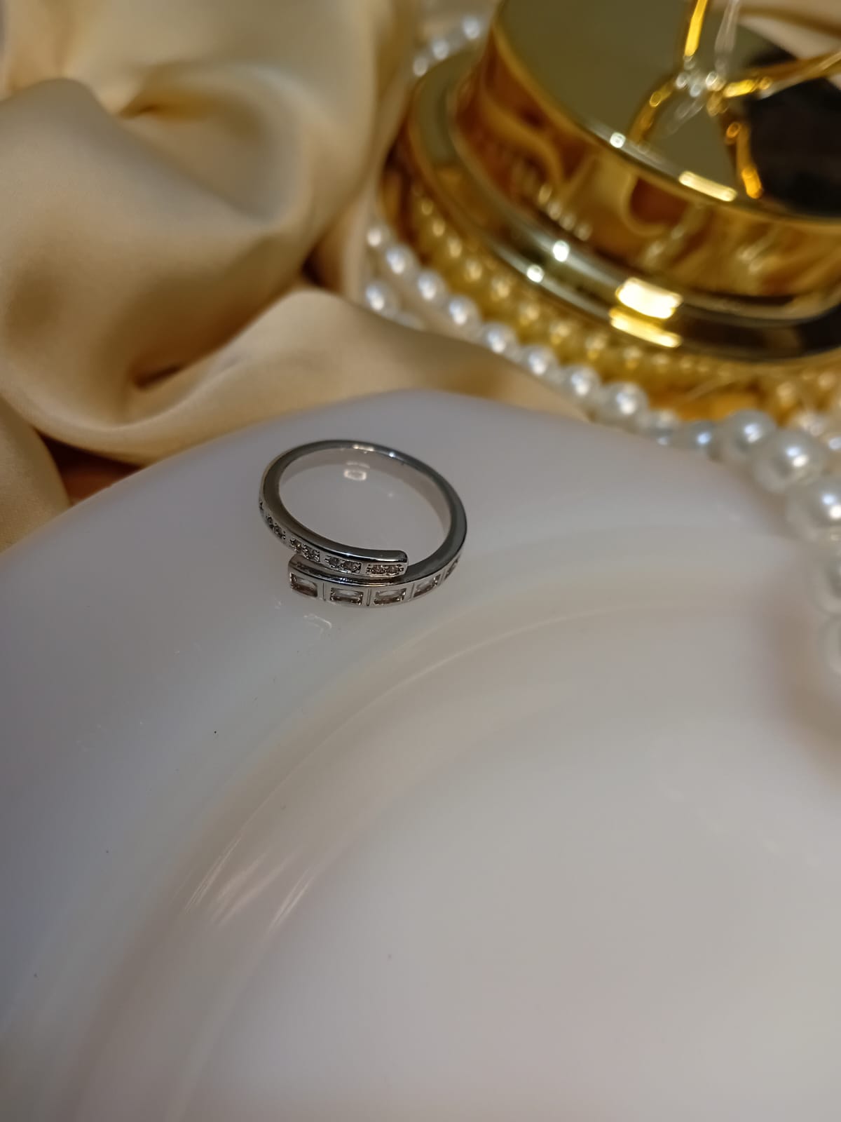 Silver Double Line Small Stones Ring