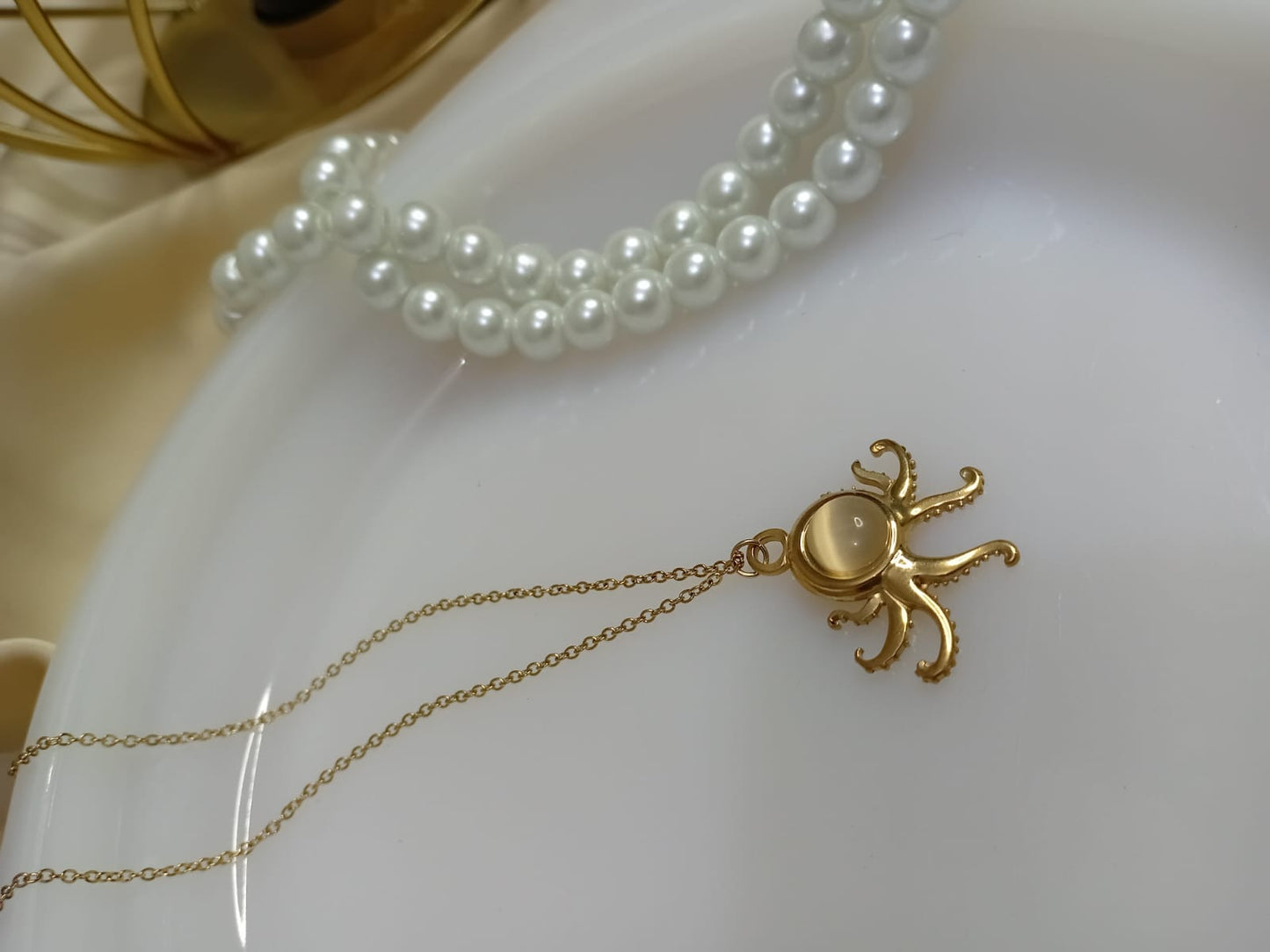 Gold Pearl Octopus Necklace