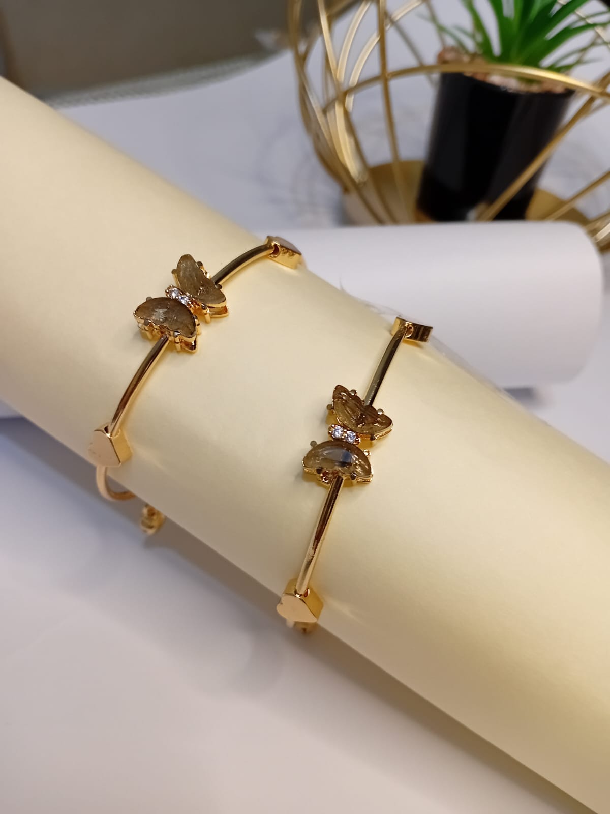 Adjustable Butterfly Grey Stone Bangle Pair