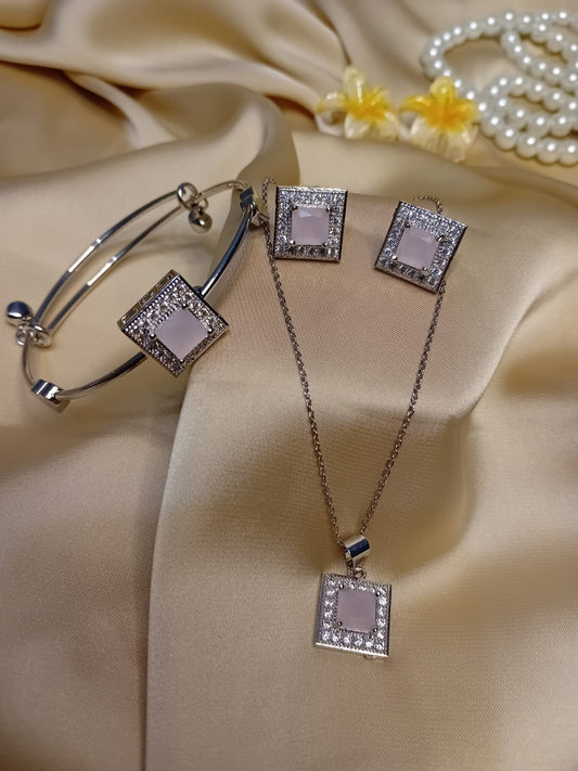 Silver Square-Cut Pink Stones Locket Set