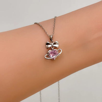 Cute Pink Heart Bow Pendant
