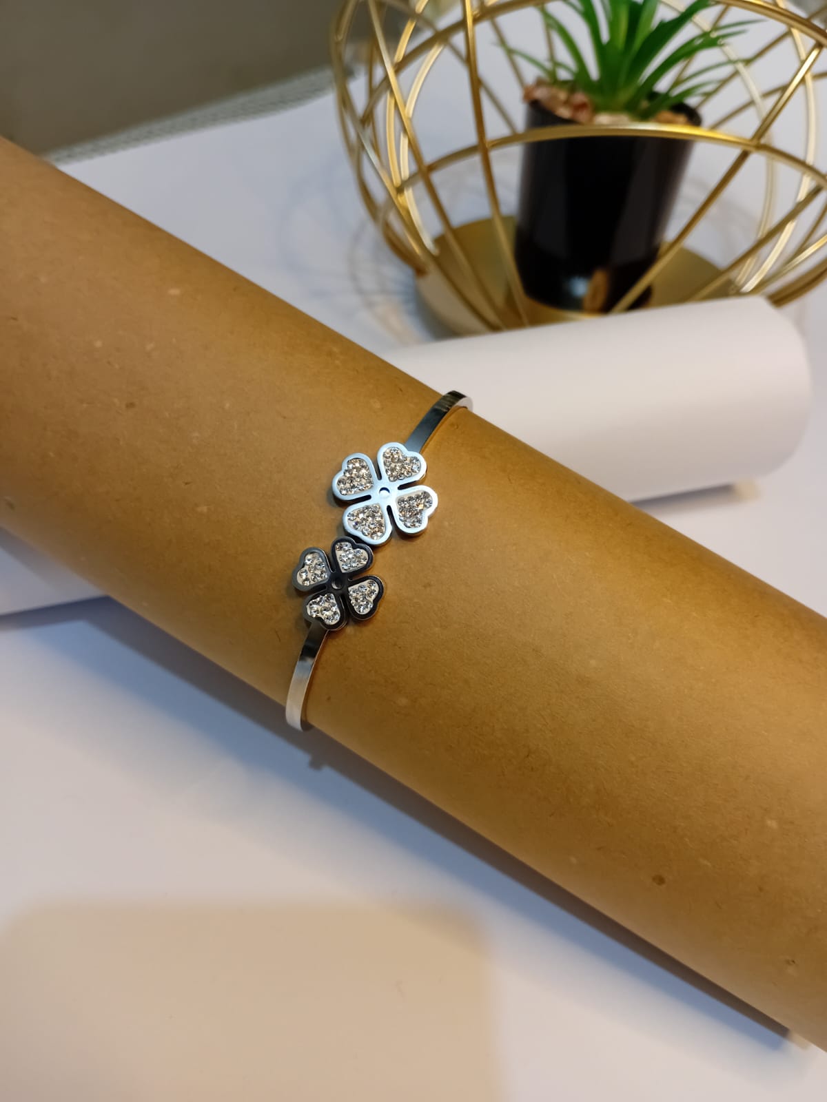 Silver Clover Charm Bangle