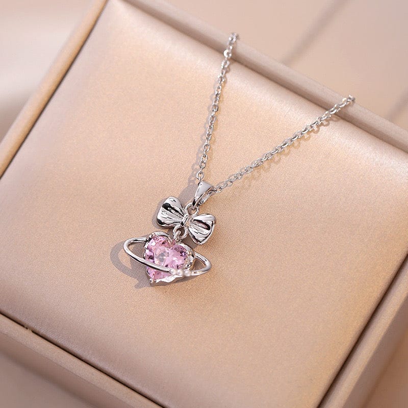Cute Pink Heart Bow Pendant