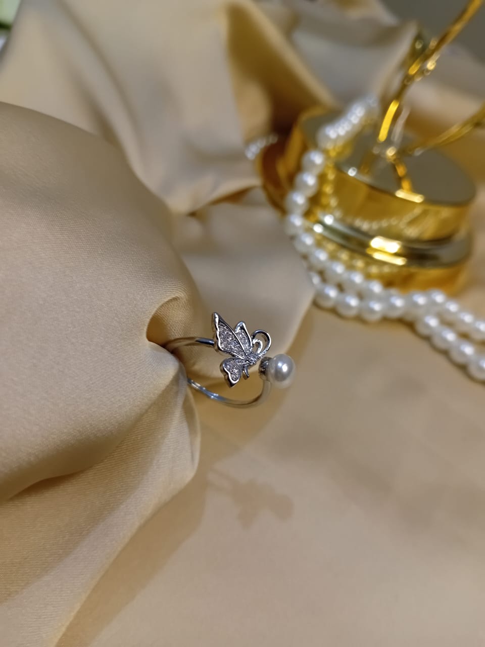 Silver Pearl  Butterfly Ring