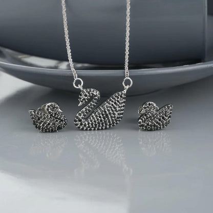 Silver Black Swan Pendant Set