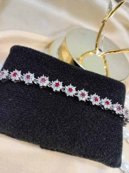 Red Silver Heavy Flower Design Bracelet