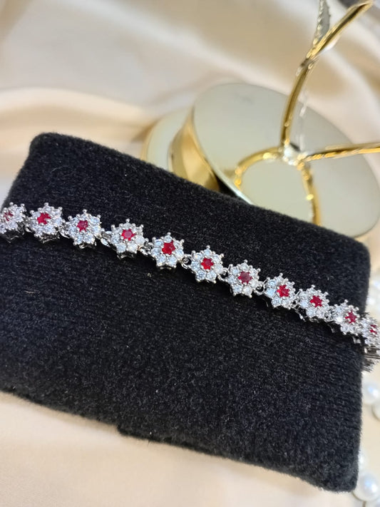Red Silver Heavy Flower Design Bracelet