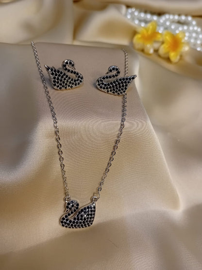 Silver Black Swan Pendant Set