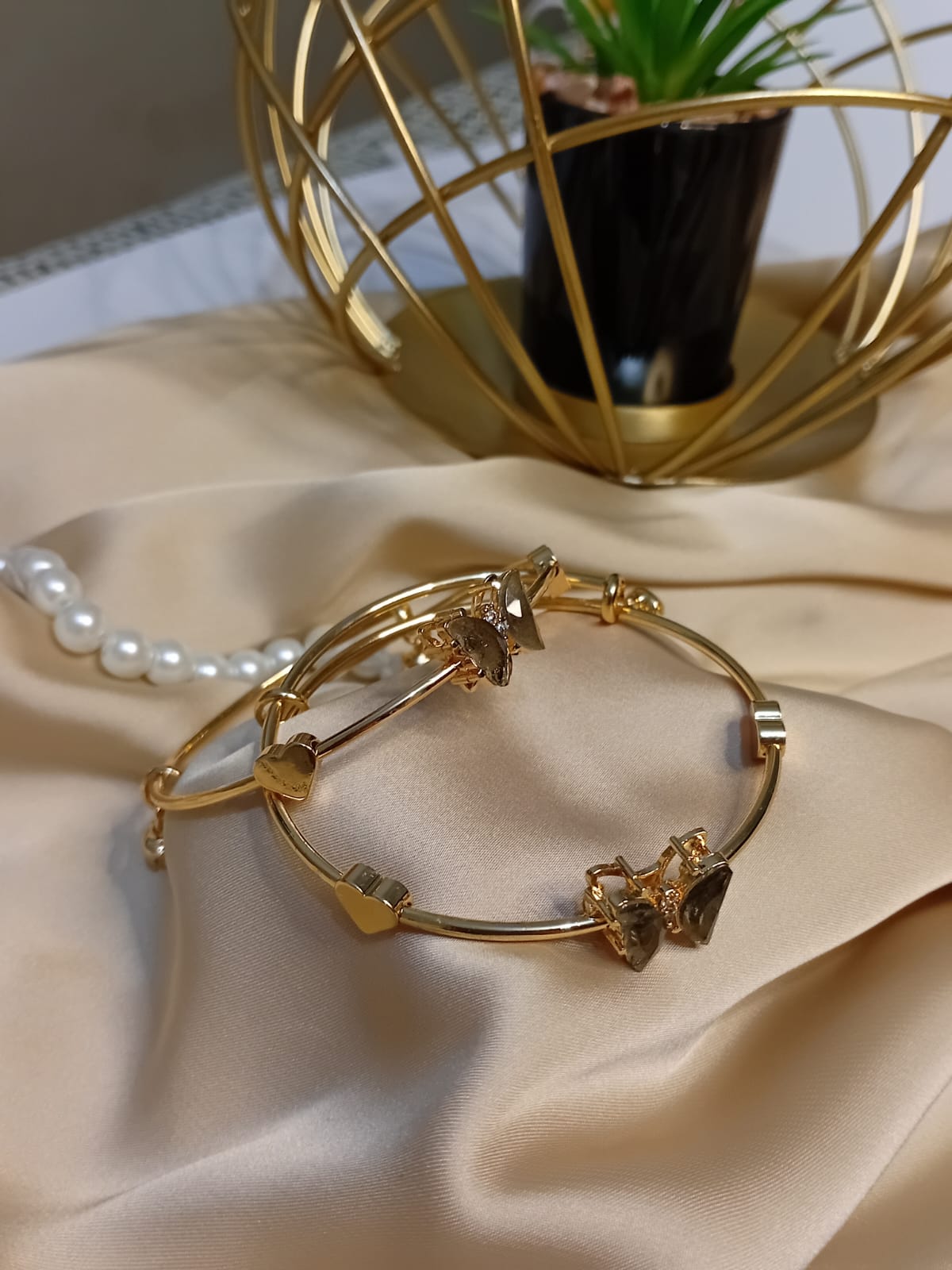 Adjustable Butterfly Grey Stone Bangle Pair