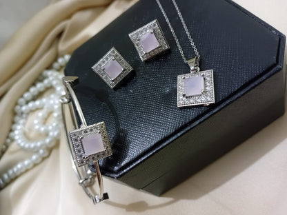 Silver Square-Cut Pink Stones Locket Set